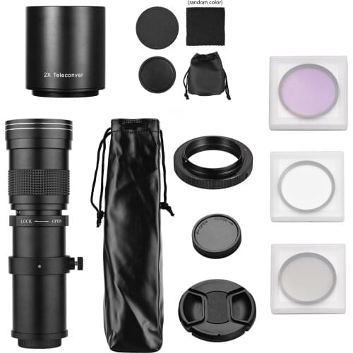Camera MF Super Telephoto Zoom Len T Mount+UV/CPL/FLD+2X 420-800mm Teleconverter Len+T2-EOS Adapter Ring for Nikon AI Mount