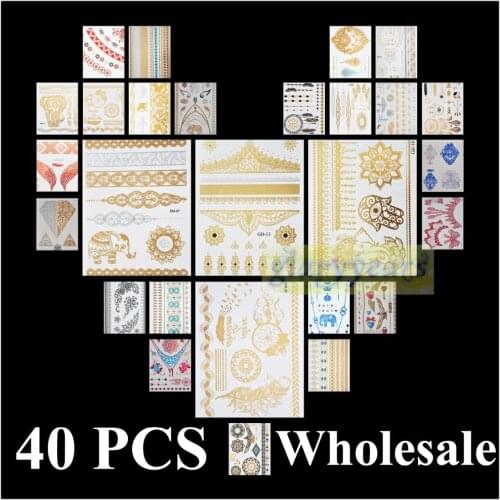 [ glaryyears ] 40pcs Wholesale Bulk Order Gold Silver White Black Henna 3D Metallic Temporary Flash Tattoo Waterproof Sticker 3D