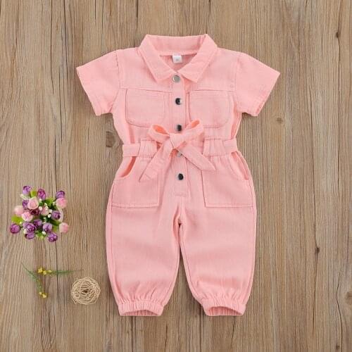 Girls Work Romper Clothes Toddler Standing Collar Pocket Short Sleeve Overalls Jumpsuit With Belt for Children