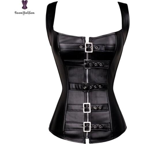Faux Leather Corset Overbust Zipper Korsett Two Shoulder Strap Steel Boned Synthetic Solid Black Gorset Gothic Plus Size Busiter