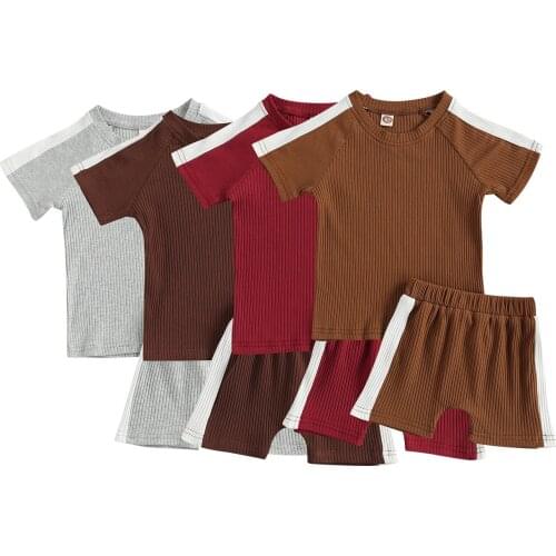 New Childrens Two-piece Suit, Ribbed Short Sleeve Round Neck Tops and Shorts for Birthday Party Vacation