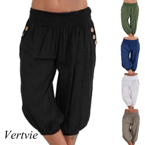 2021 Womens Fashion Cotton Linen Short Trouser Pants Women Solid Color Seven Casual Loose Pants Plus Size 5XL