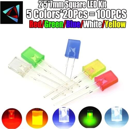 100PCS/LOT 2*5*7mm Square LED Kit Light-emitting diode Kit 2X5X7 LED Diode Red Yellow Green Blue White 5 Colors