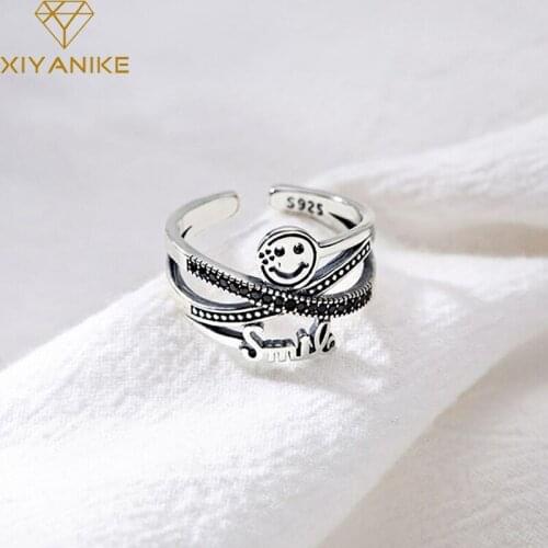 XIYANIKE 925 Sterling Silver Newly Arrived Smile-Face Opening Rings Charm Women Party Jewelry Vintage Punk-Style Accessories