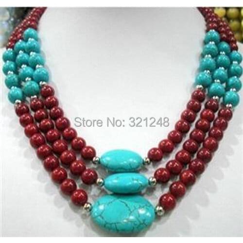 New fashion Beautiful 3 row artificial red coral calaite turquoises stone round beads high grade women necklace 17-19inch BV34