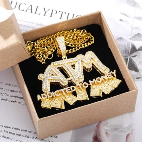 Iced Out High Quality Letters ATM Addicted To Money Pendant Necklaces Gold AAA Zircon Mens Hip Hop Jewelry Gifts Will Not Fade