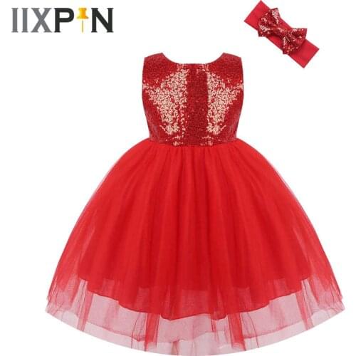 Girls Sequins Flower Dress Sleeveless Mesh Tutu Ballet Dress + Headband Girls Birthday Party Princess Costume Kids Vestidos