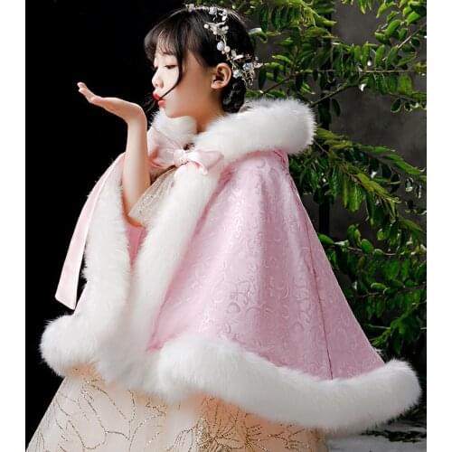 Pink Princess Girls Party Bolero Shrugs with White Faux Fur Winter Jacket Fur Bolero For Kids Wedding Jacket Fur Cape Warm Coat