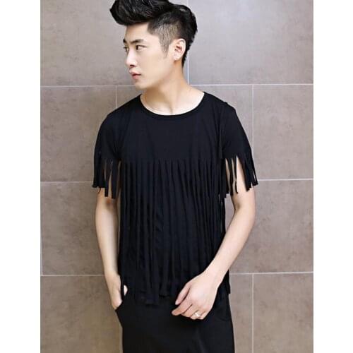 S-4XL ! 2016 Mens clothing plus size costume tassel slim fashion personality hip-hop T-shirt short-sleeve top Singer costumes