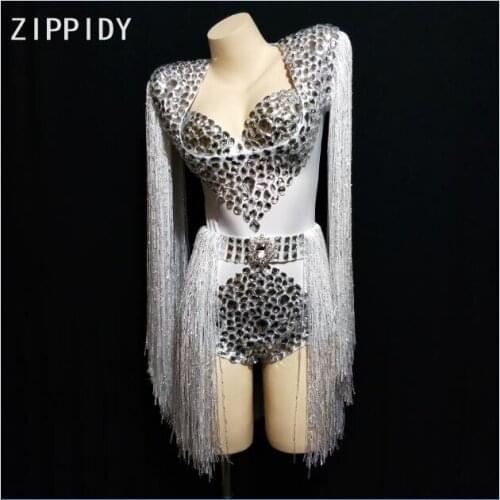 2019 Silver Rhinestones Tassel Bodysuit Bra Womens Birthday Celebrate Outfit Nightclub DJ Singer Show Outfit 3 Colors Clothes