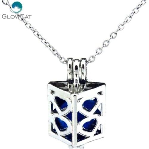 K217 Silver 23mm Square Heart Love Locket Stone Cage Necklace Stainless Chain Aroma Essential Oil Diffuser Locket
