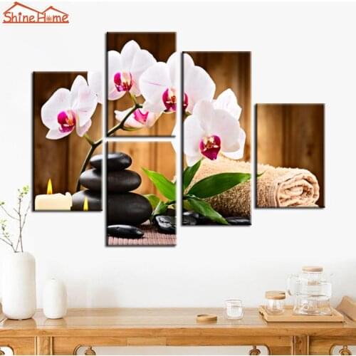 ShineHome-5 Pieces Canvas Prints Modular Painting Yoga Spa Salon Nail Body Massage Orchid Zen Stone Art Picture on Kitchen Wall