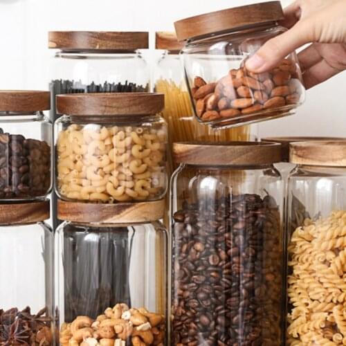Glass Bottle Bamboo Lid Sealed Glass Container Food Storage Tank Mason Jars Dustproof Moisture-proof Nut Bottle Seasoning Jar