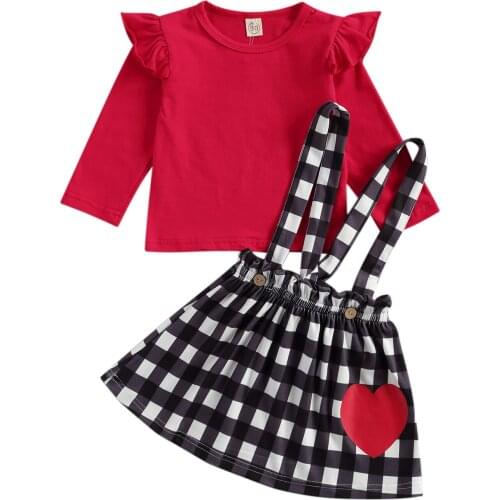 Spring Kids Baby Girl Tops Skirt Long Sleeve Ruffle Shoulder Red Shirts Heart Suspender Plaids Valentines Day Set