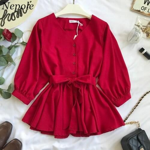 Neploe Sashes V-Neck Pleated Women Shirt Spring Autumn Fashion Simple Sweet Top 2021 Modis Solid Single Breasted Blouse 69659