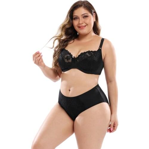 Plus Size Women Floral Lace Bra and Panties Sets Female Lingerie Full Cup Unlined Underwire Bralette Briefs Big Size Underwear