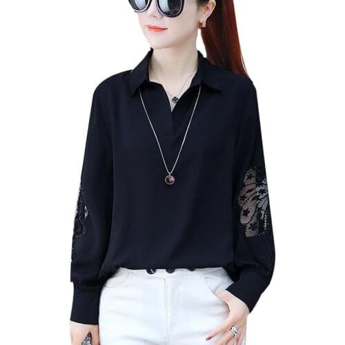 Womens Spring Autumn Style Chiffon Womens Solid Color Turn-down Collar Hollow out Embroidery Korean Loose Tops SP668