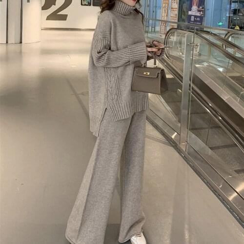 2021 New Sweater Set Women Tracksuit Spring Autumn Knitted Suits 2 Piece Set Warm Turtleneck Sweater Pullovers Wide Legs Pants