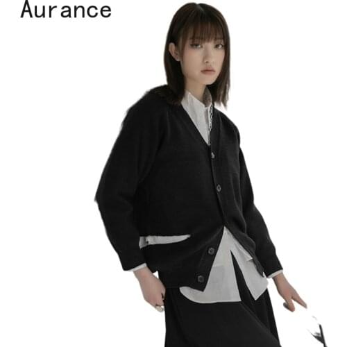 [Aurance] Women Tide Knitting Cardigan Holes Irregular Sweater Loose Fit V-Neck Long Sleeve New Fashion Spring Autumn Tops 2021
