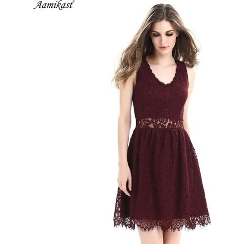 Aaimikst Women Sexy Through hollow out Crochet Lace V Neck Sleeveless Women Casual Party Club Beach Mini Short Dress