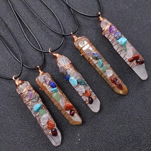 7 Chakra Energy Natural Irregular Crystal Pendant Necklace For Women Men Healing Meditation Jade Column Scepter Necklace Jewelry