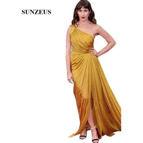 Gold Chiffon Evening Party Dresses A-line One Shoulder Pleated Long Formal Dress Elegant Celerity Red Carpet Gowns