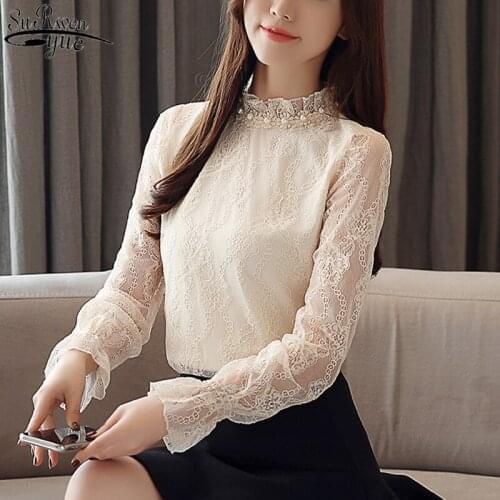 2021 Korean Style Autumn Womens Tops and Blouses Long Sleeve Shirt Lace Blouse Beading Clothes Women Blusas Mujer De Moda 10641