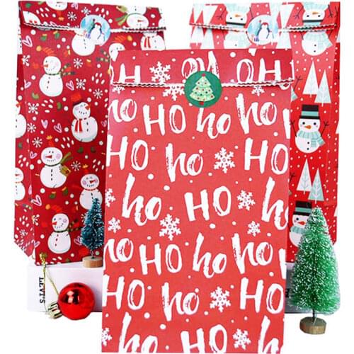 5pcs Merry Christmas Kraft Paper Bag Cookie Treat Candy Bag Paper Pouch Santa Claus Popcorn Box Bag Birthday Xmas Party Favors