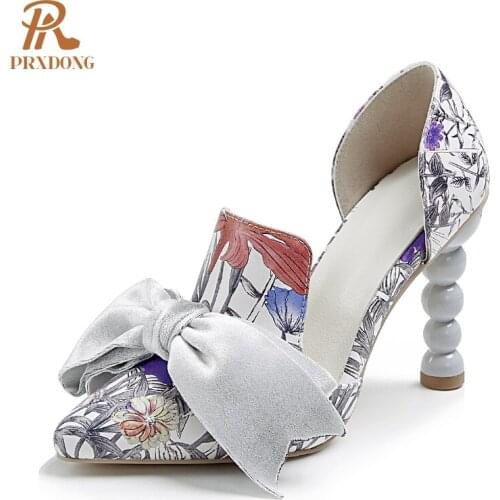Big Size 34-43 Spring Autumn Women Pumps Sexy High Heel Pointed Toe Butterfly-knot Dress Party Gneuine Leather Shoes Woman Pumps