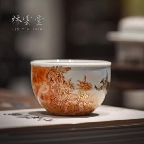 Lin Yuntangs hand painted ink, alum, red and gold looking for Buddha Master Cup single cup Jingdezhen ceramic tea cup