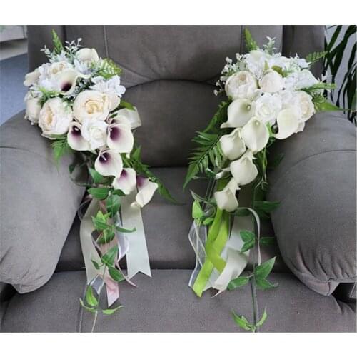 Artificial Waterfall Bridal Boquet Artificial Flowers Bouquet Bride Bruidsboeket Purple Calli Lily Cascading Wedding Bouquet