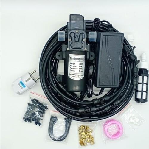 12V 5L/min Water Mist Spray Electric Diaphragm Pump Kit Garden Greenhouse Misting System 12M(40FT) 16PCS Nozzle Mist Line