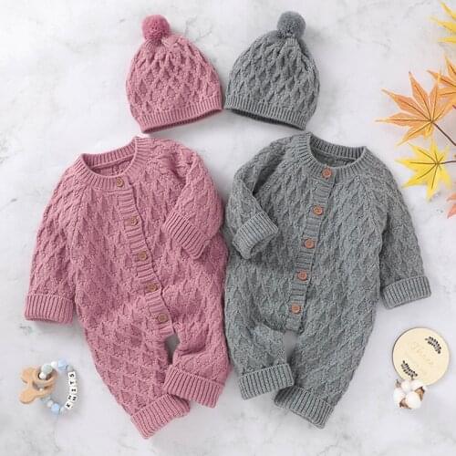 New 2020 Autumn Winter Baby Boys Girls Pure Color Rompers + Hat Clothes Children Baby Boy Girl Kids Knitting Long Sleeve Rompers