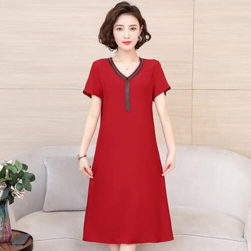 2021 New Middle-aged Summer Dress Women Loose Comfortable Solid Color O-Neck Short Sleeve Casual Dress Plus Size 4XL Women Long