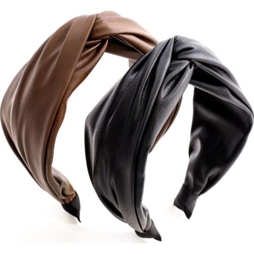 Classic Women Hairband Wide Side Pu Leather Headband Solid Turban Top Knot Headwear Hair Accessories