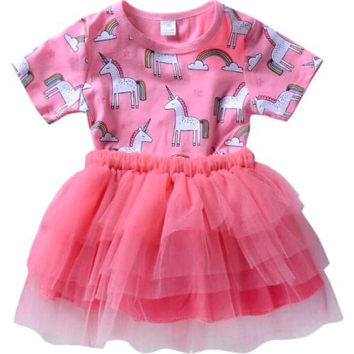 Infant Baby Girls Clothes Pink Dress Cartoon Rainbow Unicorn Lace Ruched Dress Newborn Bebe Clothing