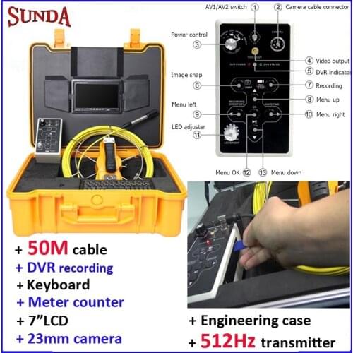 Whole Set Snake industrial endoscope camera FREE SHIPPING,DVR,512hz transmitter,keyboard typing and meter counter 50M cable