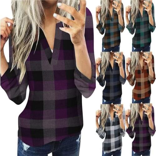 Women Vertical plaid shirt Half Sleeve Turn Down Collar Buttons Down Loose Shirt Casual Shirt Fashion Office Shirt Plus Size