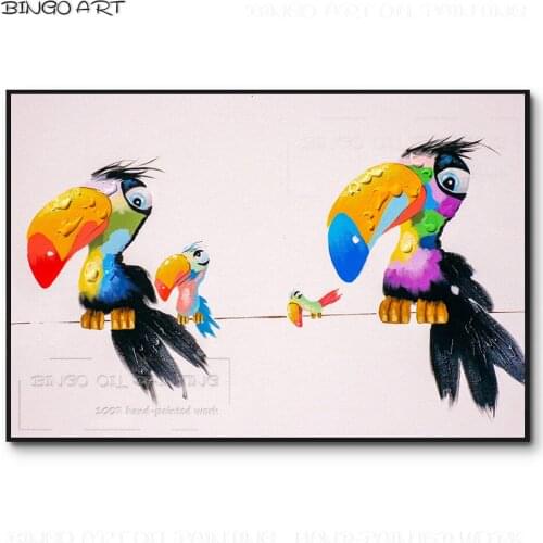 Cheapest Price Hand-painted High Quality Funny Birds Toucan Oil Painting on Canvas Funny Animals Family 4 Toucans Oil Painting