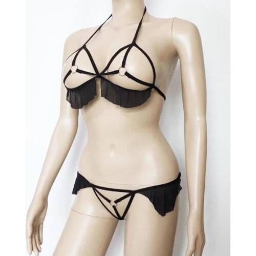 Sexy Open Cup Cage Bra Top and Panties Bikini Underwear Metal Rings Lace Trim Open Breast Crotchless Lingerie Set Fantasy Hot