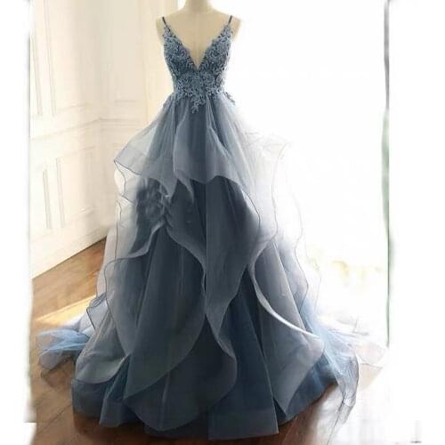 Sexy Beading Evening Dresses 2020 Long V-neck A-line Ruffles Backless Formal Dresses vestidos LE40792