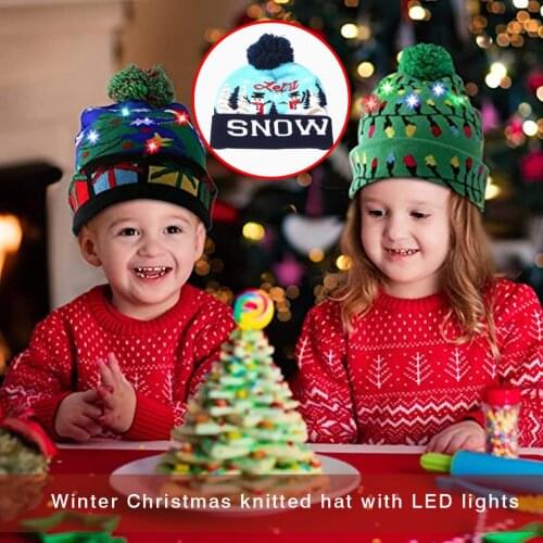 LED Christmas Hat Sweater Knitted Beanie Christmas Light Up Knitted Hat Christmas Gift for Kids Xmas 2021 New Year Decorations