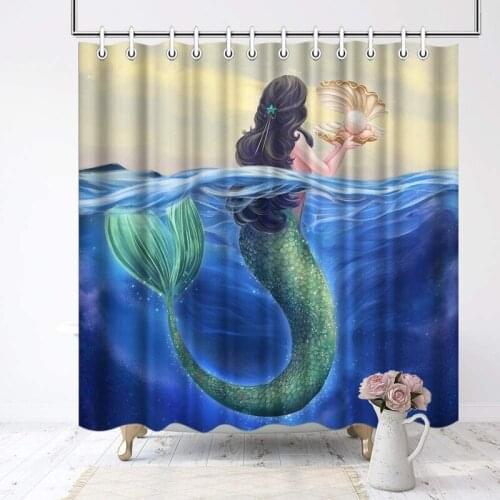 Mermaid Fish Shower Curtain for Bathroom Decor Mermaid Girl Holding Pearl in The Ocean Bathroom Home Decor Polyester Waterproof