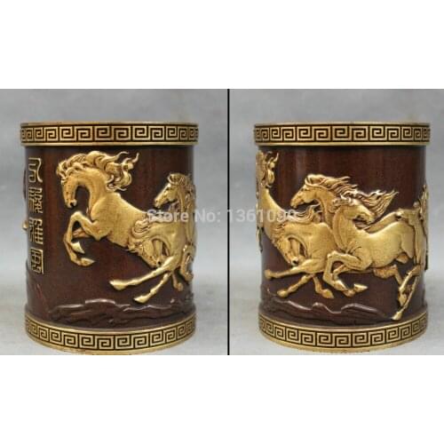 Xd 00759 Chinese Bronze Copper 24K Gilt 8 Run Horse Statue Brush Pot Barrel Pencil Vase