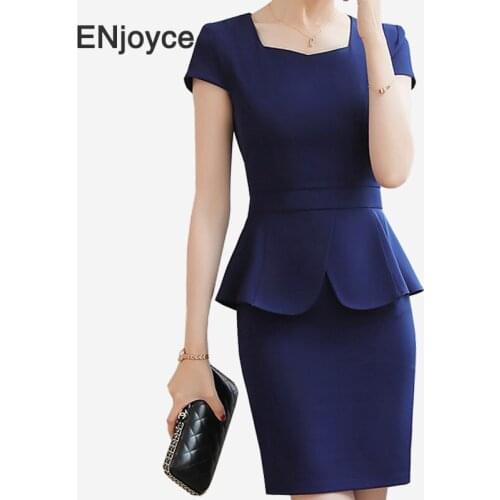 Summer Professional Blue Work Wears Two Pieces Sets Short Sleeves Slim Blazer Tops and Skirts for Women Business Hotel Suits