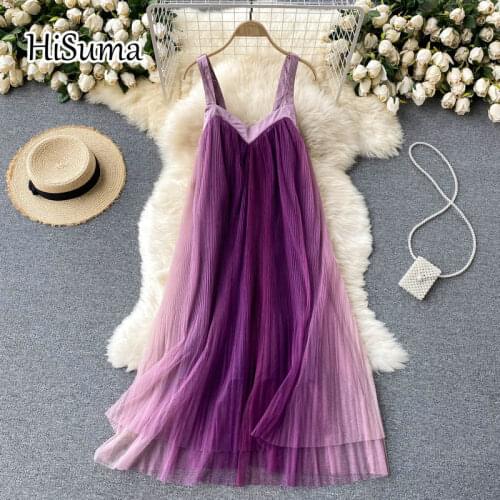2021 summer new women Retro strap V-neck Gradient gauze A-line dress female Chic elegant sling pleating mesh party dresses