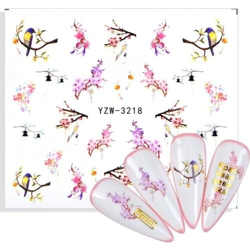 1 Sheet Spring Simple Sakura Birds Water Decal Sticker Flower Leaf Tree Summer DIY Slider For Manicuring Nail Art Watermarks