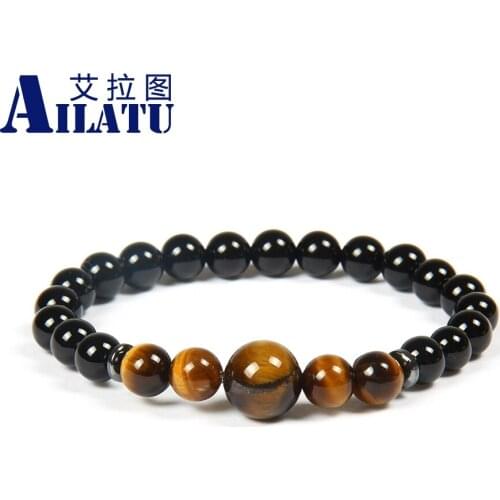 Ailatu Jewelry 10pcs/lot 8mm Black Onyx Stone Beads with Top Quality Yellow Tiger Eye Stone Lucky Energy Bracelet for Cool men