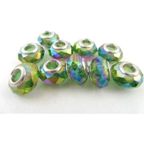 Free Shipping 50pcs Green AB Cut &Faceted Glass Beads Big Hole Fit European Charms Bracelet 14x8mm