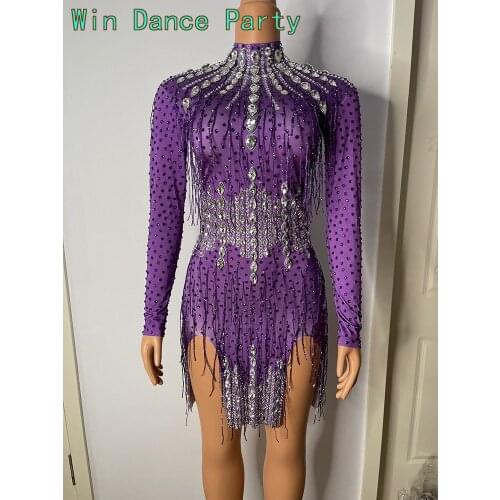 Sparkly Silver Rhinestone Mirror Purple Big stone short Dress Women Birthday Stage play Celebrate Dress Dancer Party Show Dress